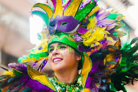 Badajoz, Spain, sunday. February 13 2024. Carnival parade through the streets of Badajoz