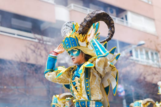 Badajoz, Spain, sunday. February 13 2024. Carnival parade through the streets of Badajoz