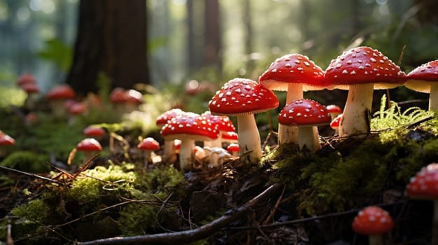 A cluster of red mushrooms thrives in the lush moss of the natural environment, surrounded by terrestrial plants and leaves, in a beautiful natural landscape