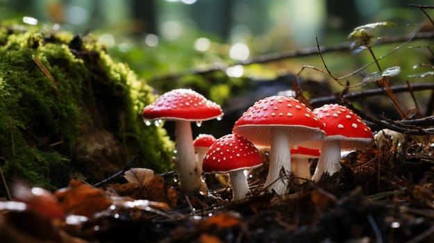 Red and white spotted mushrooms among forest foliage, displaying vivid colors and natural surroundings. High quality photo