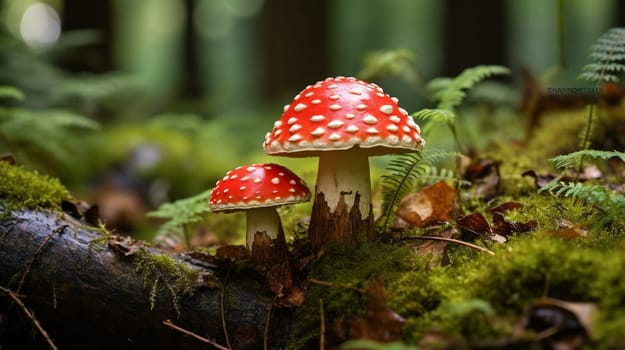 Red and white spotted mushrooms among forest foliage, displaying vivid colors and natural surroundings. High quality photo