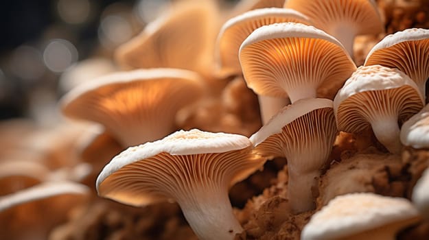 Close-up view of oyster mushrooms with detailed gills in a natural setting. High quality photo