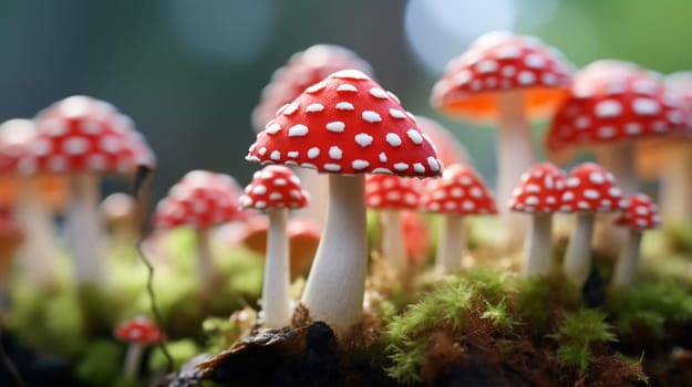 Red and white spotted mushrooms among forest foliage, displaying vivid colors and natural surroundings. High quality photo