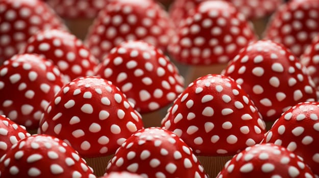 Vibrant red mushrooms with white spots, close-up, with a blurry background. High quality photo