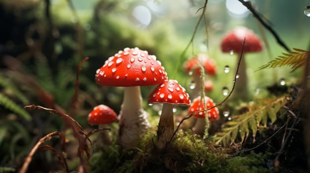 Red-capped mushrooms with white spots in a sunny forest setting. High quality photo