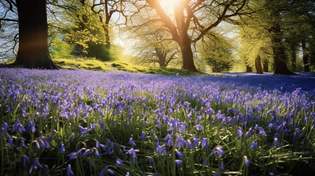 Sunlight filters through trees onto a carpet of bluebells in a serene woodland scene. High quality photo