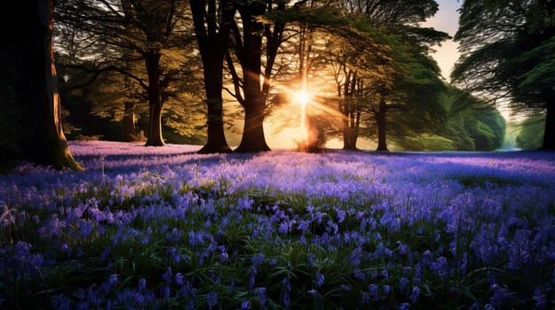 Sunlight filters through trees onto a carpet of bluebells in a serene woodland scene. High quality photo