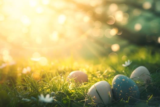 Easter eggs in grass with sunlight background ai generated image