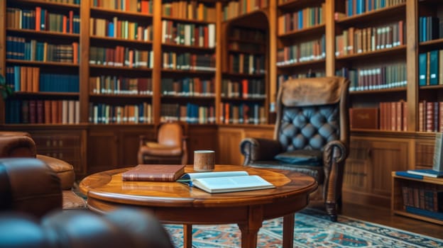 A table with a book on it and two chairs in front of the bookshelf