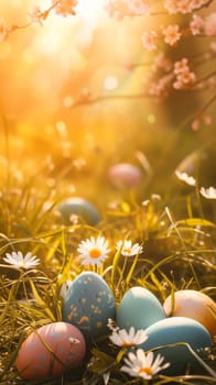 Easter eggs in grass with sunlight background ai generated image