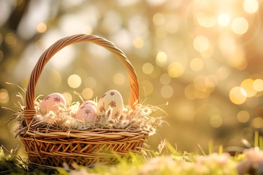 Easter eggs in grass with sunlight background ai generated image