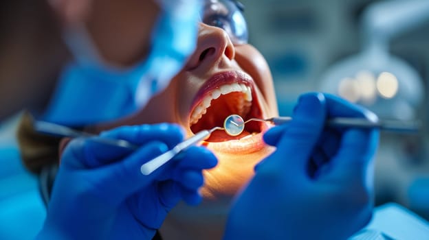 A woman getting her teeth cleaned by a dentist in blue gloves