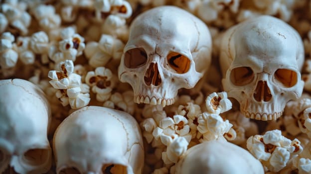 A bunch of skulls are sitting on top of popcorn