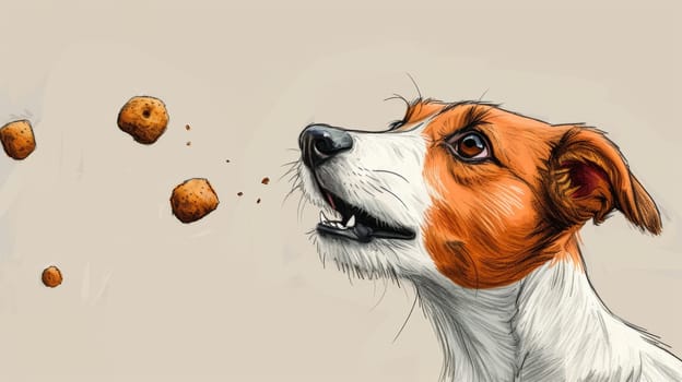 A drawing of a dog is looking up at some food