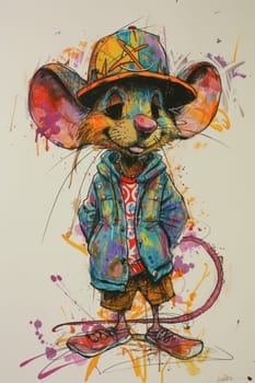 A painting of a mouse wearing clothes and hat standing on the ground