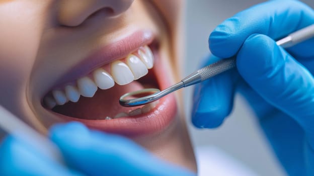 A person in blue gloves holding a toothbrush and looking at the teeth