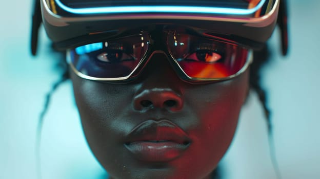 A close up of a woman wearing glasses and goggles on her face