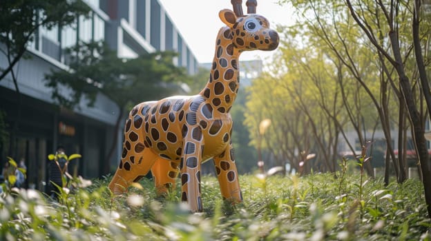 A giraffe statue in a grassy area with trees and buildings