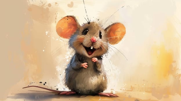 A painting of a mouse with big ears and smiling