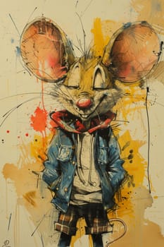 A painting of a mouse wearing clothes and standing on the ground