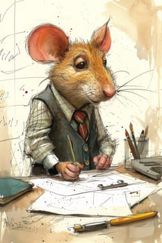 A drawing of a mouse in an office setting with pencils and paper