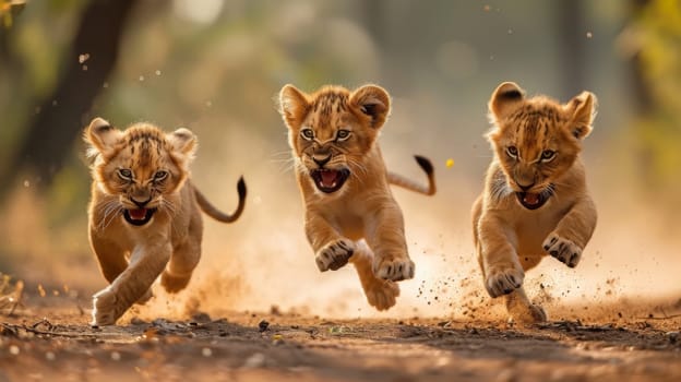 Three young lions running in a forest together
