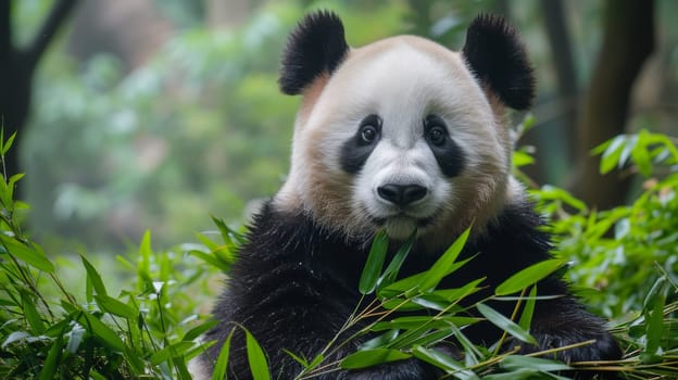 A panda bear sitting in the middle of a forest with green leaves