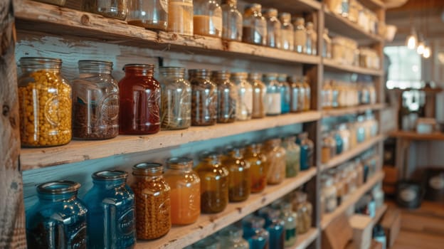 A shelf filled with jars of different types and colors