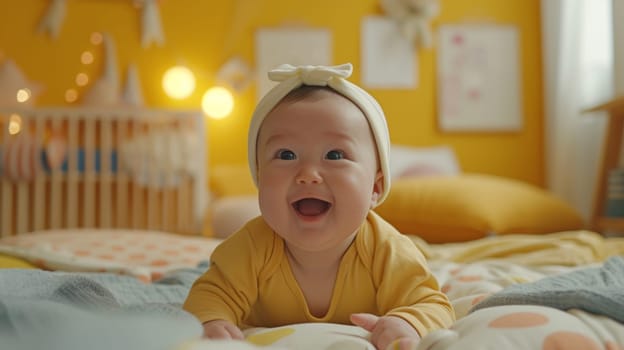 A baby smiling while laying on a bed in the background
