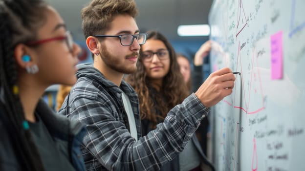 A group of people standing around a white board writing on it