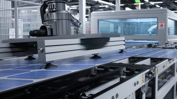 Solar panel placed on conveyor belt, polished by automatized machinery unit, moving around facility. Photovoltaic cells manufactured in cutting edge eco friendly warehouse, 3D render