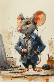 A cartoon mouse wearing a suit and tie standing next to an easel