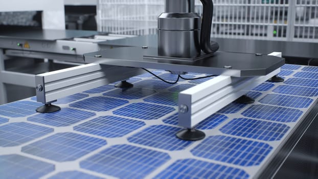 Solar panel placed on conveyor belt, operated by high tech robot arm, moving around facility, 3D illustration. Close up of photovoltaic cell produced in sustainable technology manufacturing warehouse