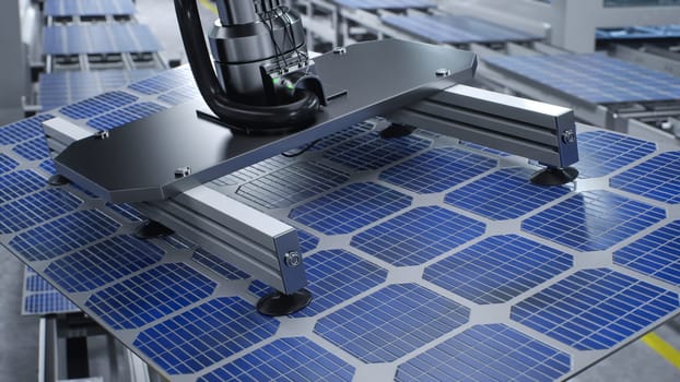 Solar panel placed on conveyor belt, operated by automatized robot arm, moving around facility, 3D illustration. Close up of photovoltaic cell produced in clean energy manufacturing warehouse