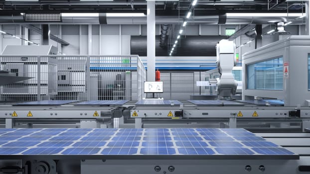 Business producing solar panels in factory with robotic arms placing photovoltaic modules on conveyor belts, 3D render. Manufacturing facility producing solar cells for renewable energy industry