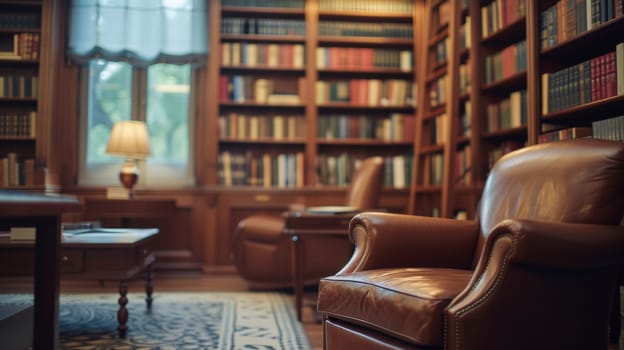 A chair in a library with bookshelves and windows