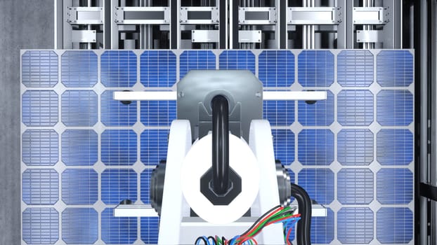 POV shot of industrial robot arm placing solar panel on assembly line in renewable energy based factory, 3D illustration. Heavy machinery unit placing solar cell on conveyor belts, close up shot