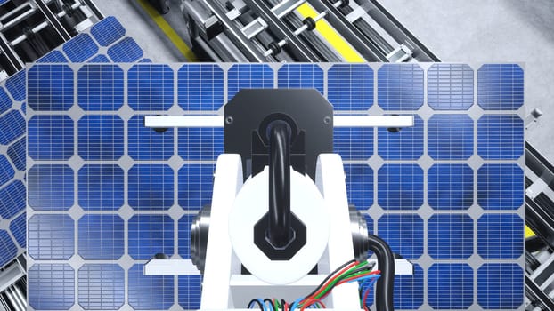 POV of robotic arms moving solar panels on conveyor belts during high tech production process in green technology factory, 3D illustration. Heavy gear unit placing PV cells on assembly lines