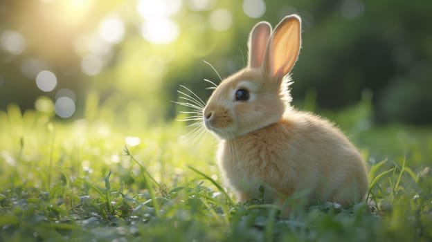 A small rabbit sitting in the grass with sunlight shining on it