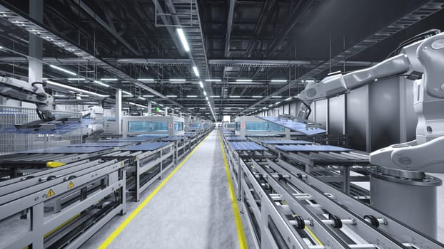 Machinery in cutting edge solar panel factory maneuvering photovoltaic modules. PV cells produced in renewable energy based facility with assembly lines, 3D rendering illustration