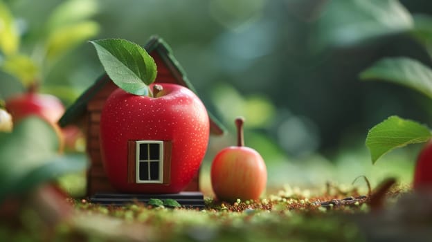 A miniature house made of red apples and green leaves