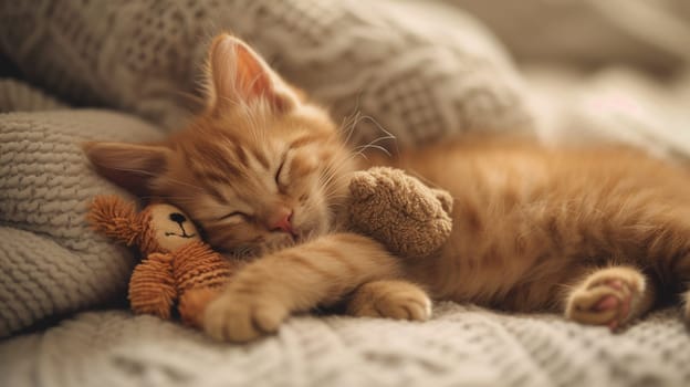 A kitten sleeping on a blanket with its teddy bear