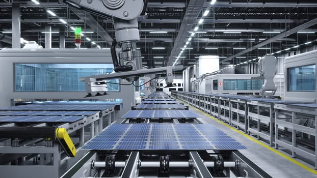 Solar panel factory with robotic arms placing PV modules on automation lines, 3D illustration of industrial building interior. Mass production warehouse producing solar cells for green energy industry