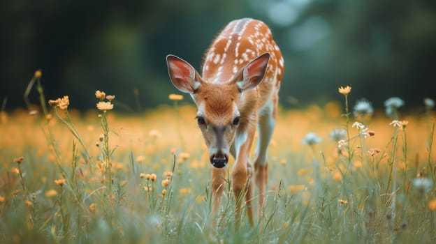 A small deer is standing in a field of yellow flowers
