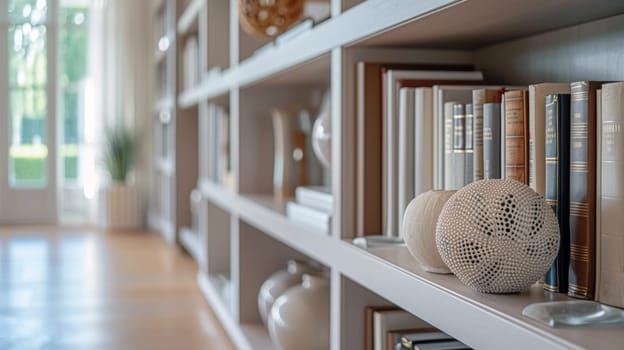 A shelf with books and vases on it in a room