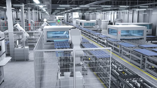 High tech robot arm in cutting edge solar panel factory maneuvering photovoltaic modules. PV cells produced in green technology facility with assembly lines, 3D rendering illustration