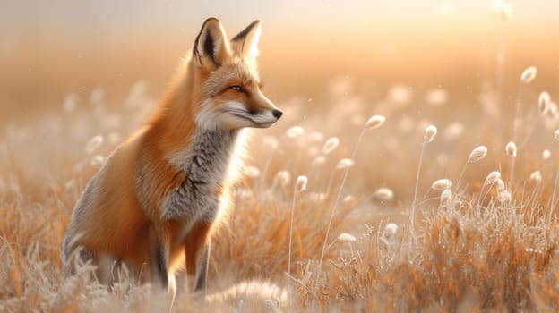 A fox sitting in a field of tall grass with the sun behind it