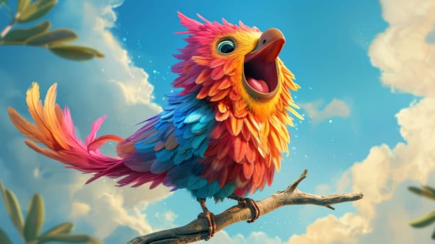 A colorful bird with a big mouth is sitting on the branch