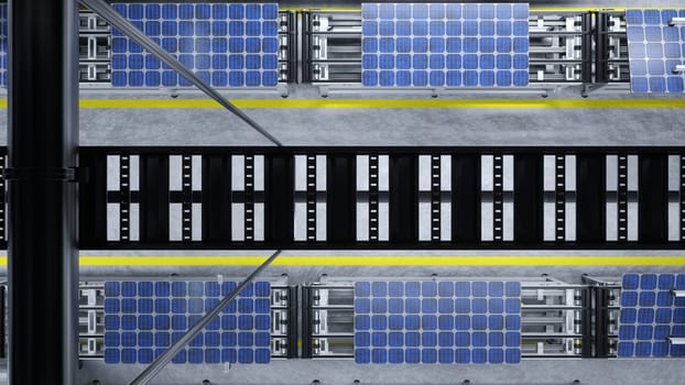 Top down view of solar panels on conveyor belts during cutting edge production process in green energy factory, 3D illustration. Aerial shot of photovoltaic cells on production line