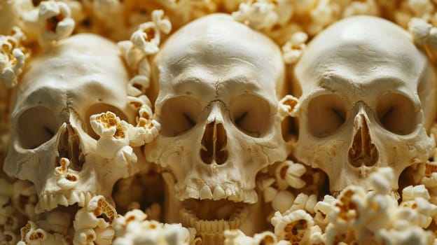 Three skulls are sitting in a pile of popcorn